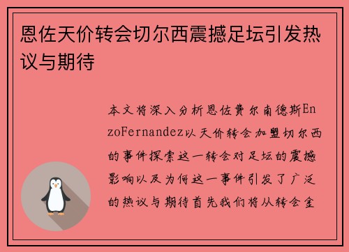 恩佐天价转会切尔西震撼足坛引发热议与期待